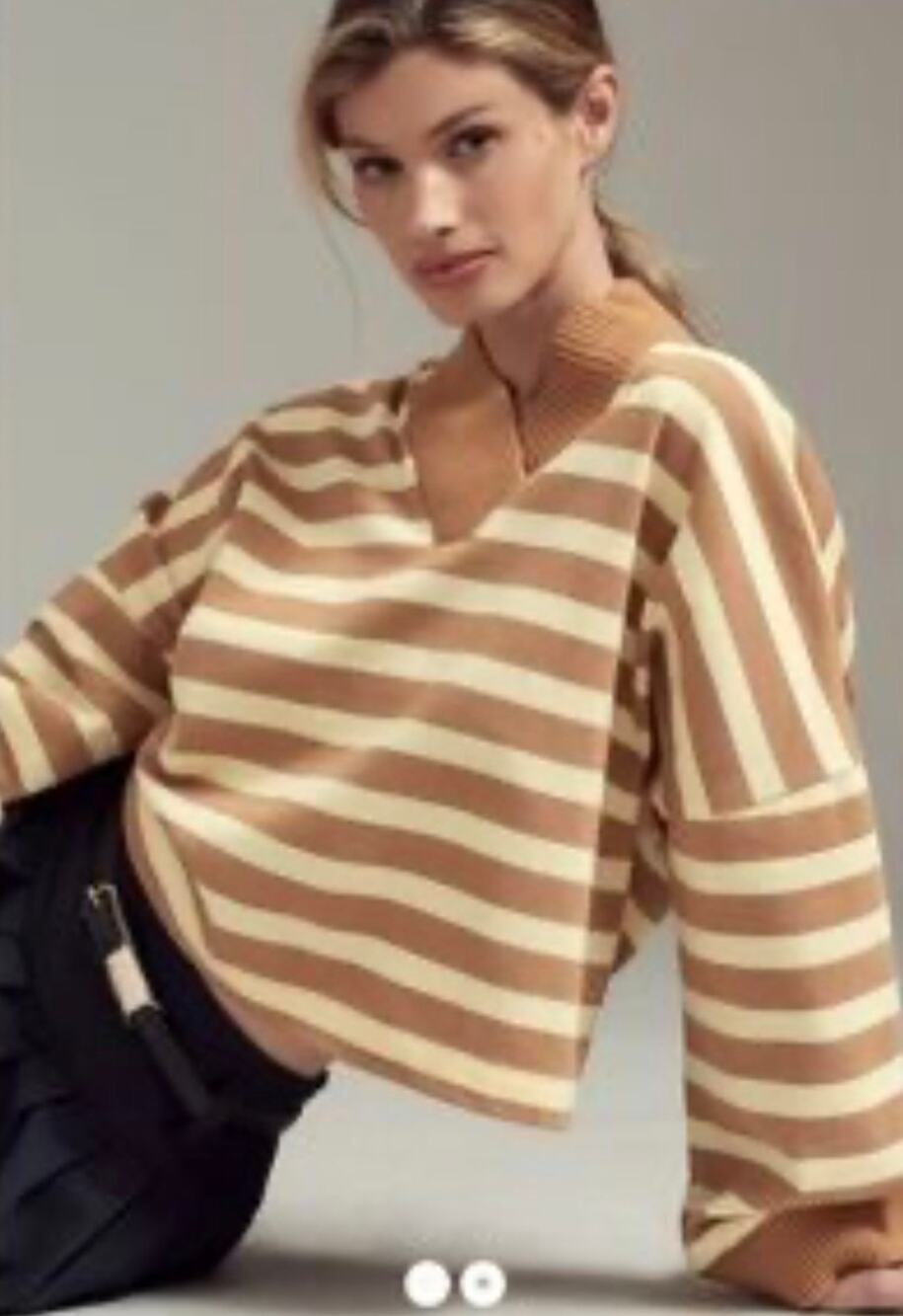 Anthropologie Maeve Striped Boxy Top Women Small Yellow Camel Excellent V-Neck‎